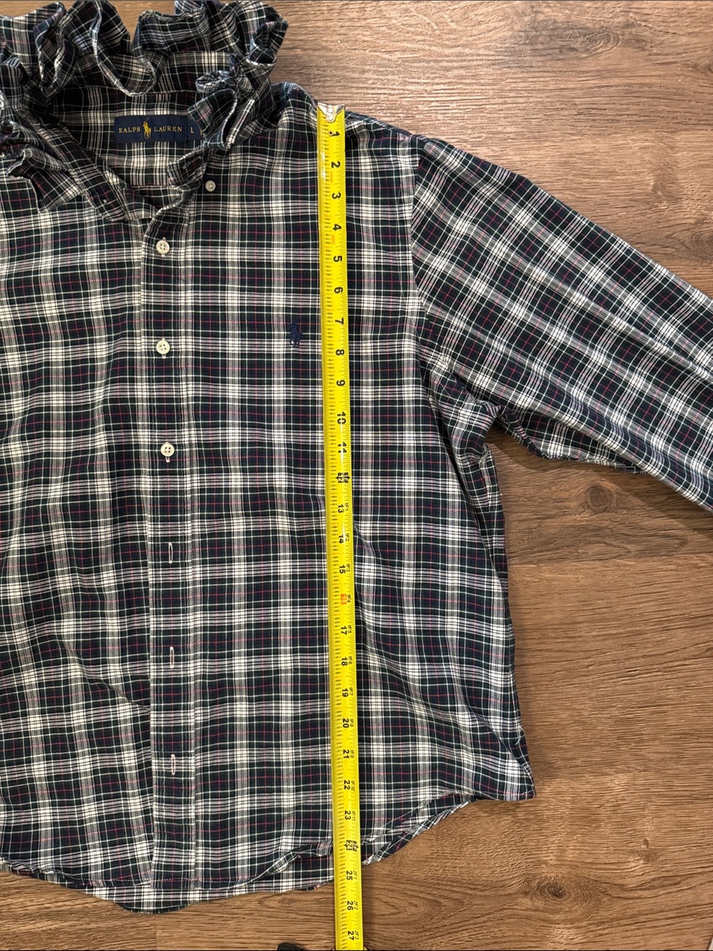 Upcycled Ralph Lauren Plaid Ruffle-Collar Button-Down Shirt - size large - Picture 7 of 9